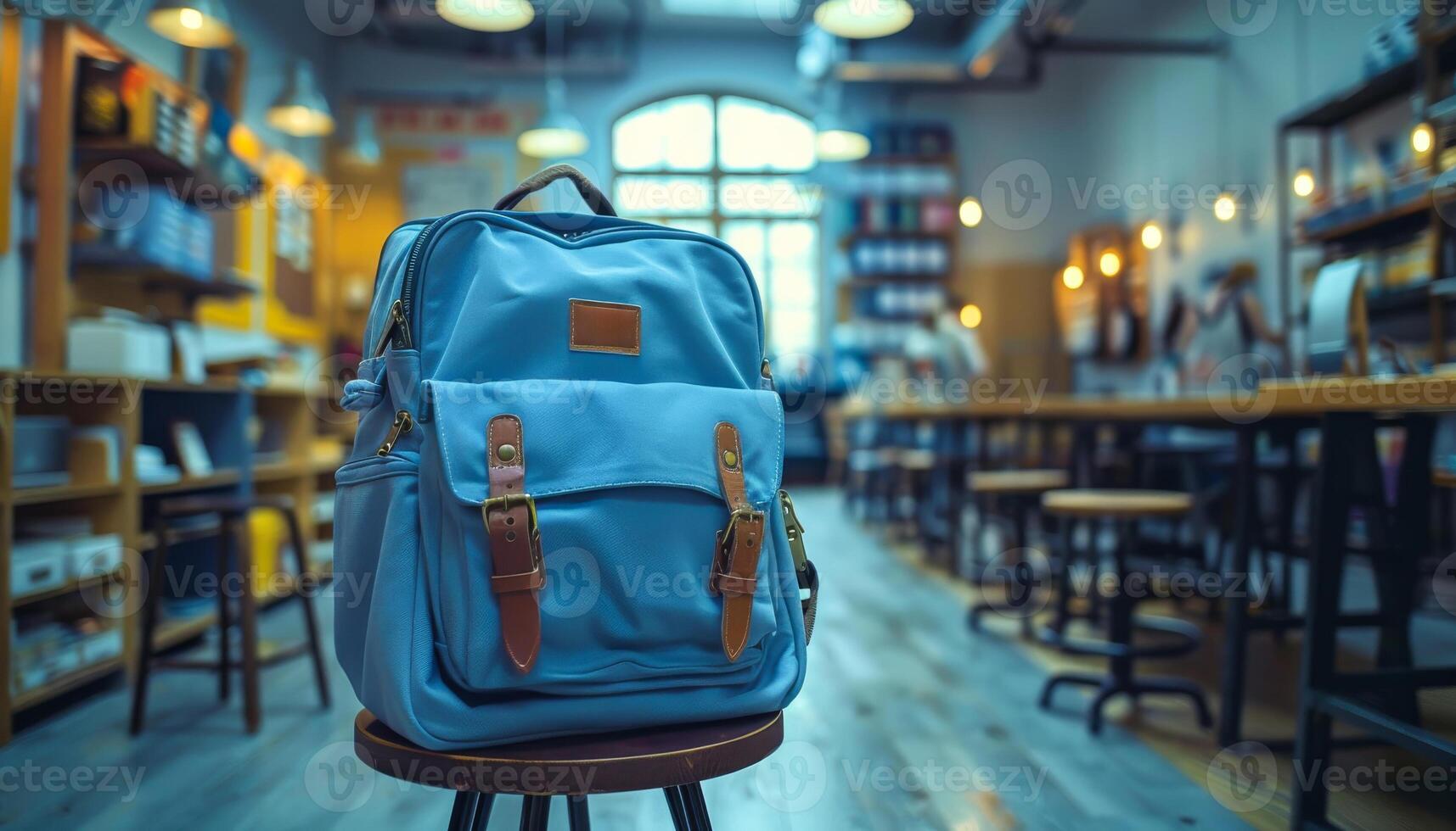 A blue backpack sits on a wooden stool in a room with a lot of chairs. The room is filled with light and has a cozy atmosphere photo