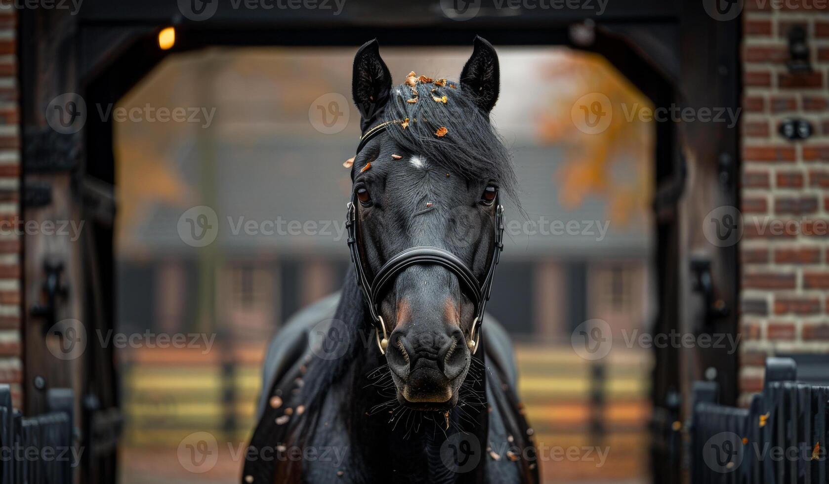 A black horse with a black bridle stands in front of a brick building. The horse is looking directly at the camera photo