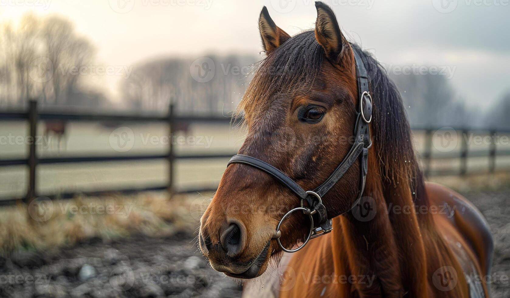 A brown horse with a black bridle is standing in a field. The horse appears to be tired and has a muddy face photo