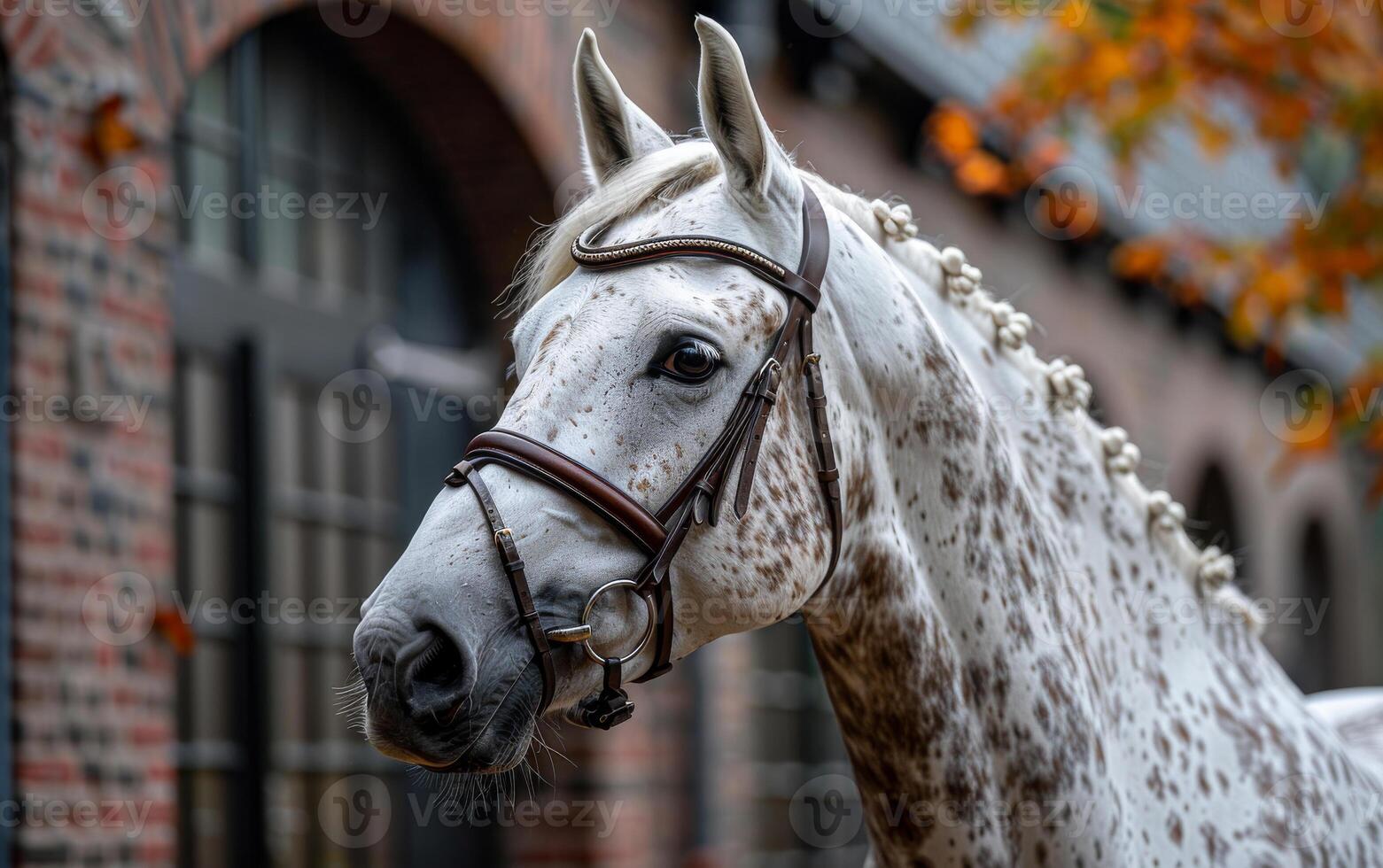A white horse with a brown bridle and a black nose. The horse is standing in front of a brick building photo