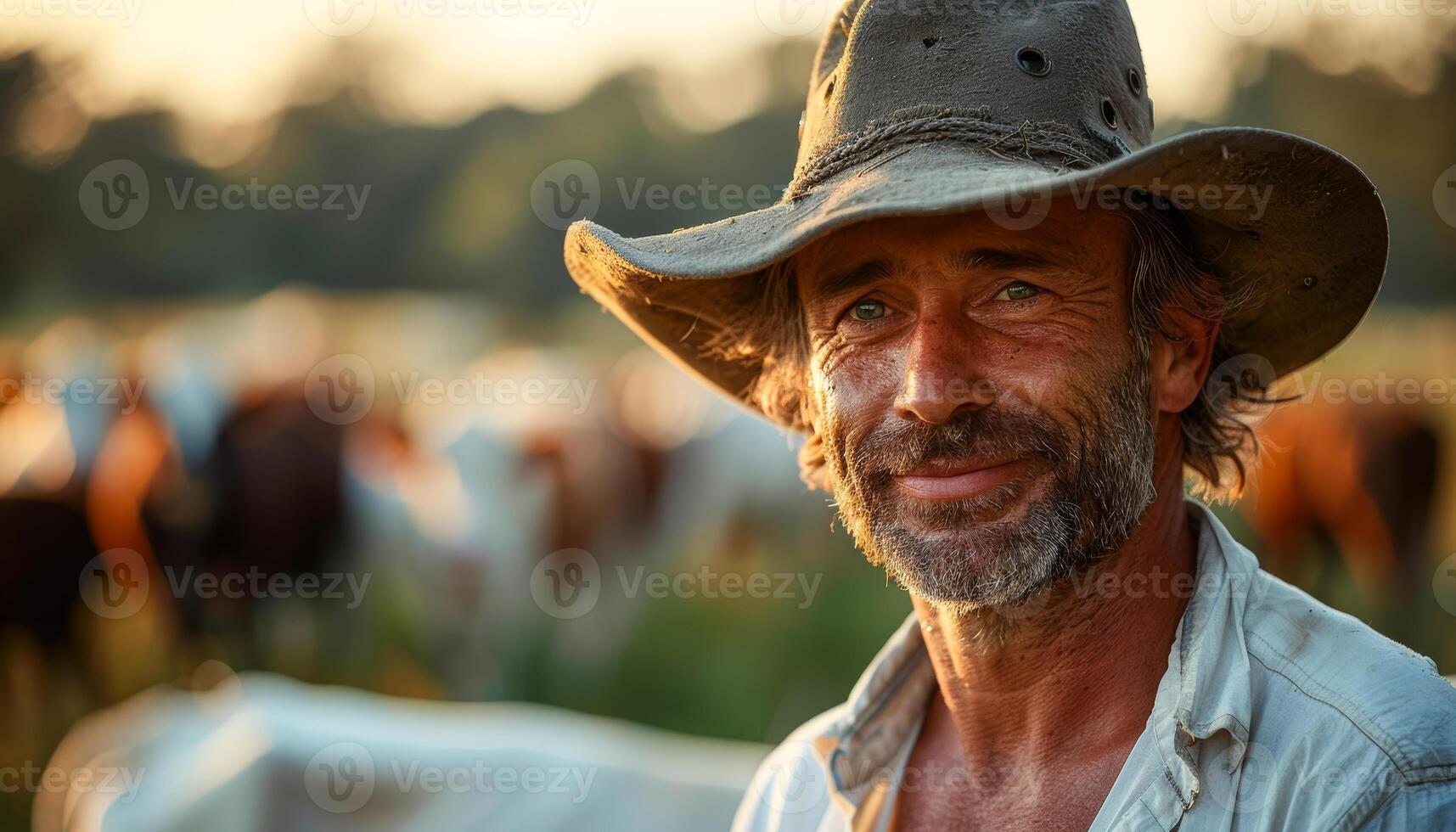 A man wearing a cowboy hat and smiling in front of a herd of cows. Concept of happiness and contentment, as the man is enjoying his time in the countryside photo