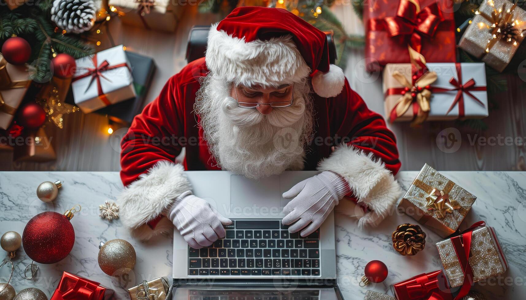 A man dressed as Santa Claus sits at a desk with a laptop and a pile of presents. Concept of holiday cheer and warmth, as the man is likely preparing to send out Christmas cards or messages to friends photo