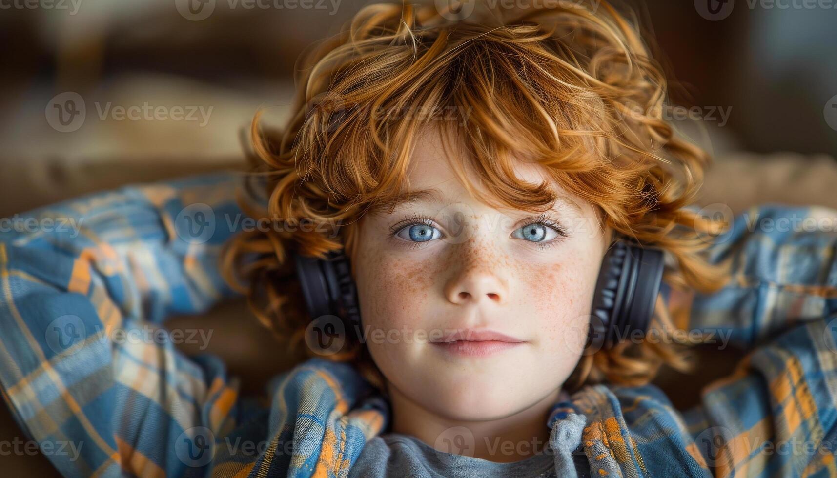 A young boy with red hair and blue eyes is wearing headphones and laying on a couch. The boy appears to be relaxed and enjoying his music photo