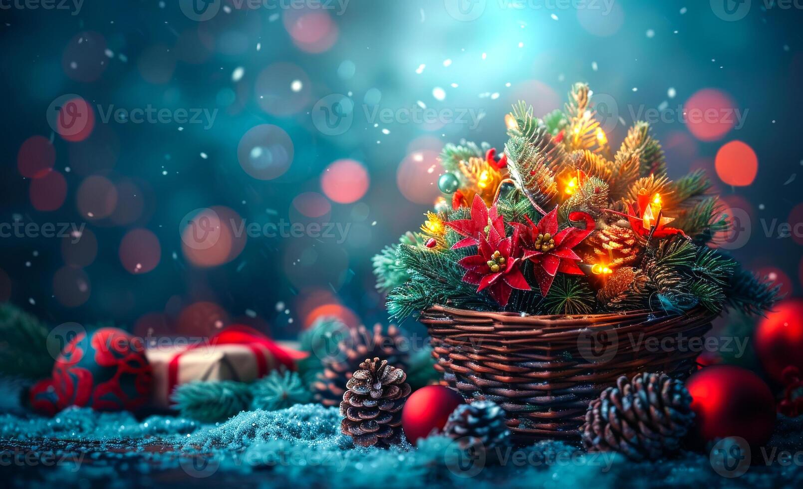 A Christmas tree with red poinsettias and green leaves is in a basket. The basket is on a table with a red box and a gift. The scene is festive and joyful, with the Christmas tree photo