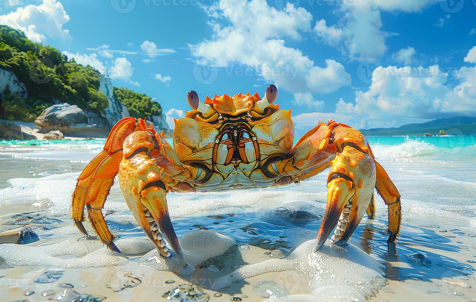 A crab is standing on the beach, looking out at the ocean. The scene is peaceful and serene, with the crab being the main focus of the image photo