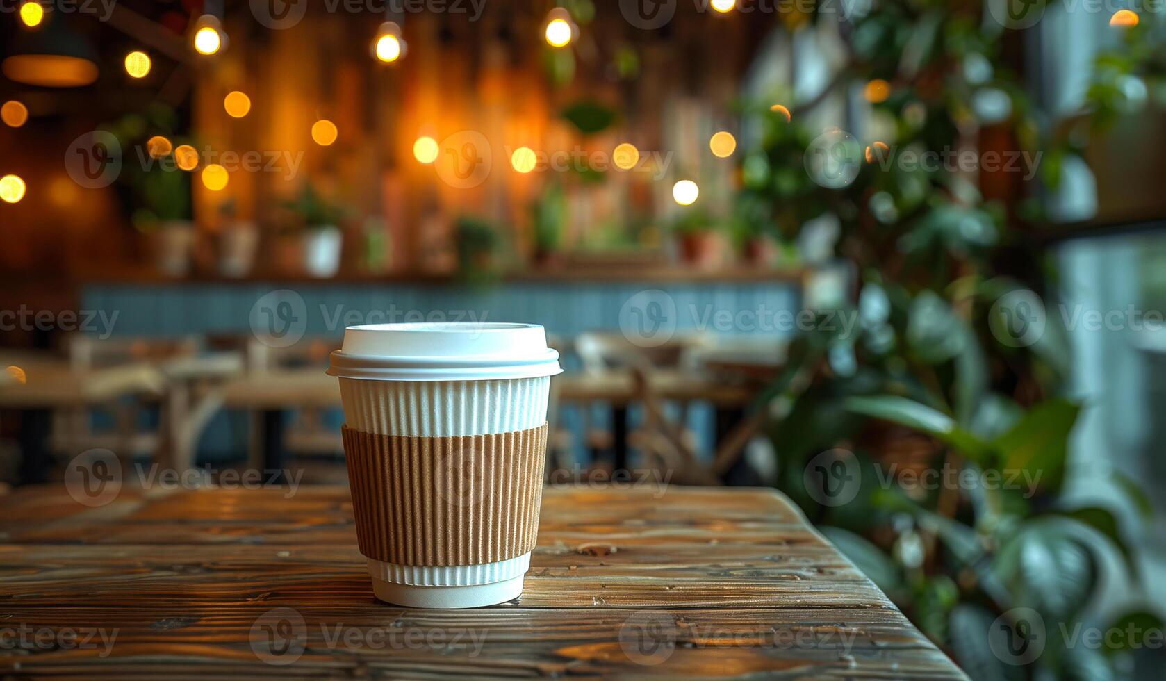 A coffee cup with a brown sleeve sits on a wooden table in a cafe. The scene is cozy and inviting, with a potted plant nearby and a few chairs around the table. The lighting is soft and warm photo