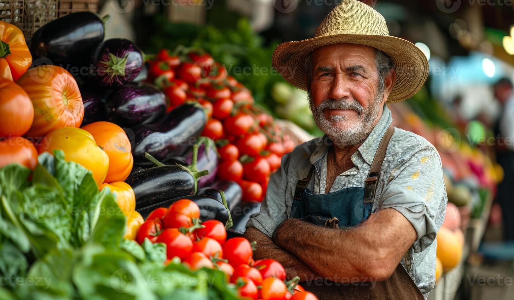 A man in a straw hat stands in front of a vegetable stand. He is smiling and he is proud of his produce photo