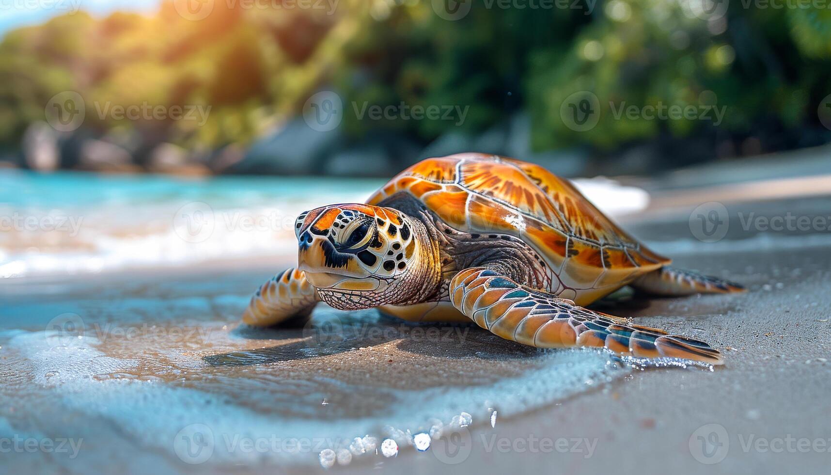 A turtle is laying on the beach. The turtle is small and brown. The beach is calm and peaceful photo