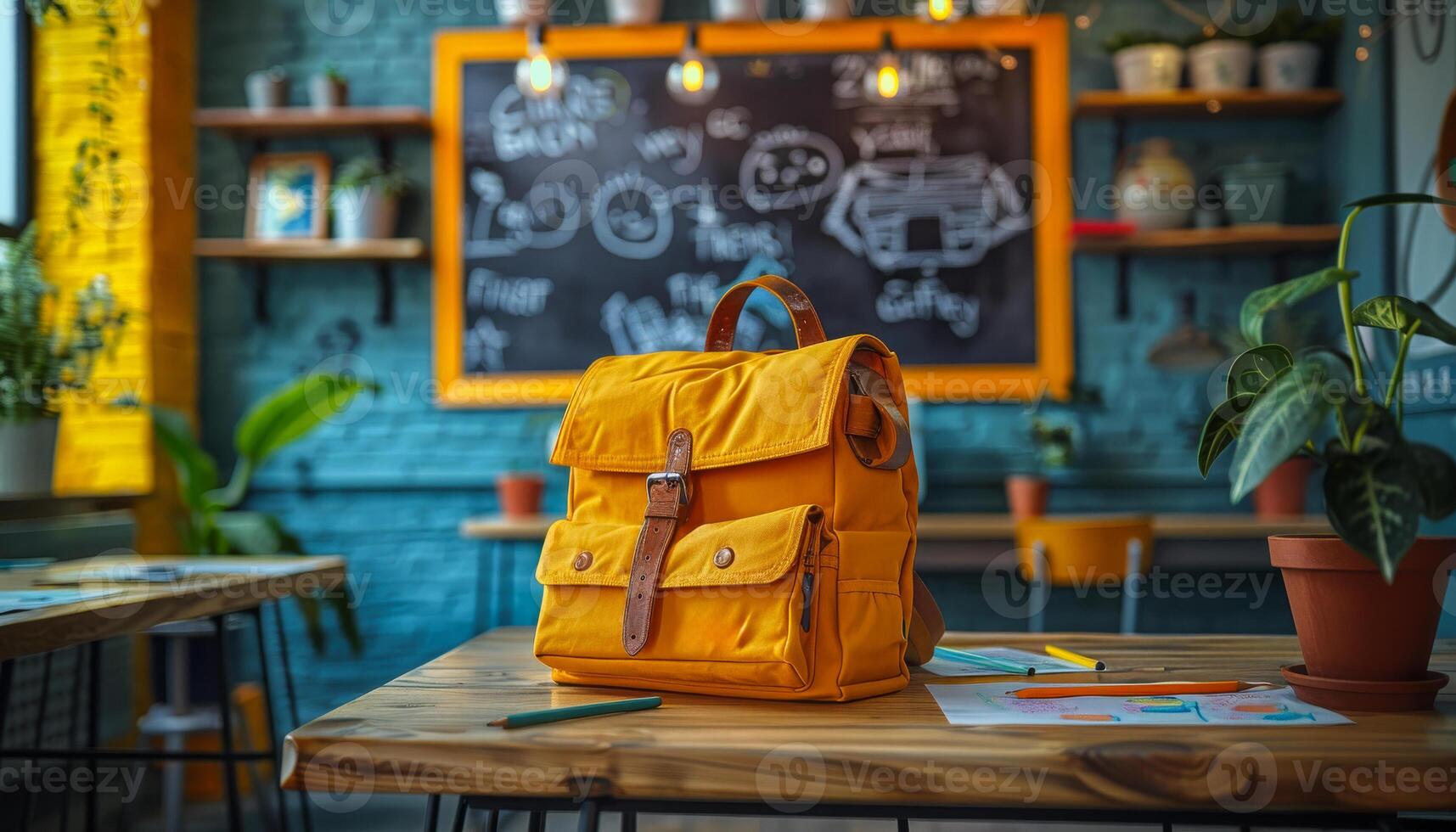 A yellow backpack sits on a wooden table in front of a chalkboard with drawings on it. The backpack is placed in front of a potted plant and a vase. The scene suggests a casual and creative atmosphere photo