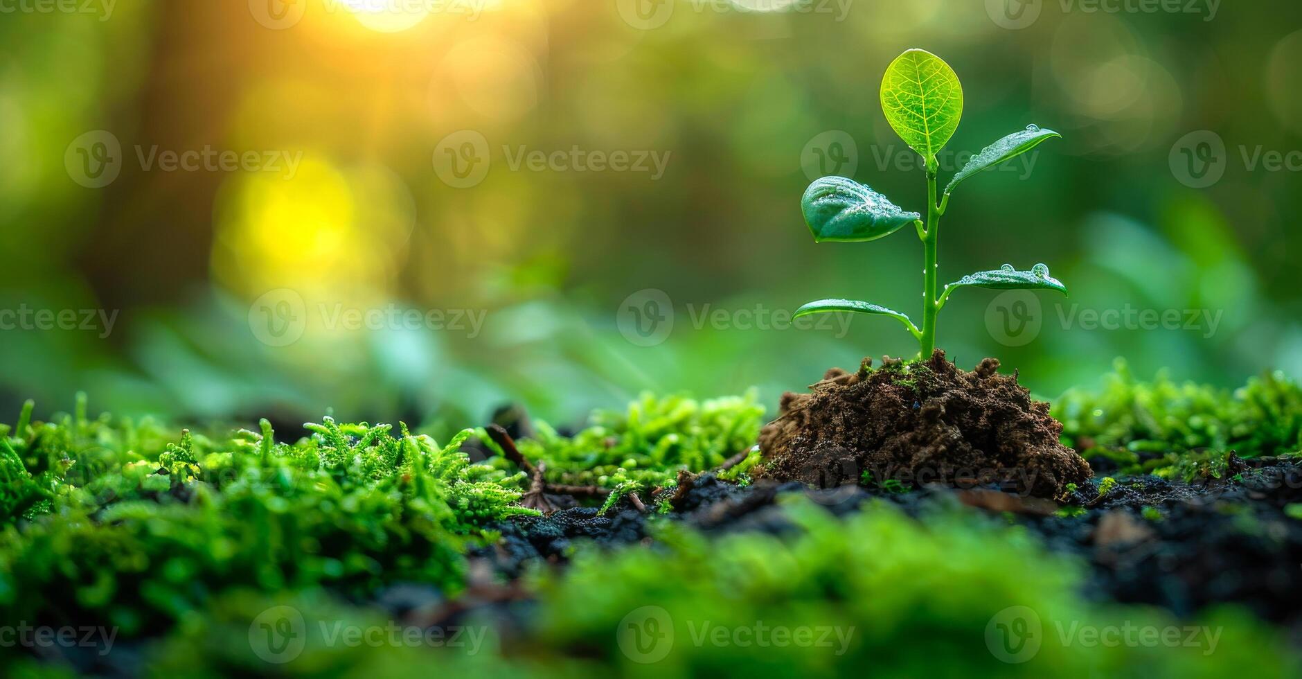 A small plant is growing in the dirt. The plant is surrounded by green moss and is in the shade photo