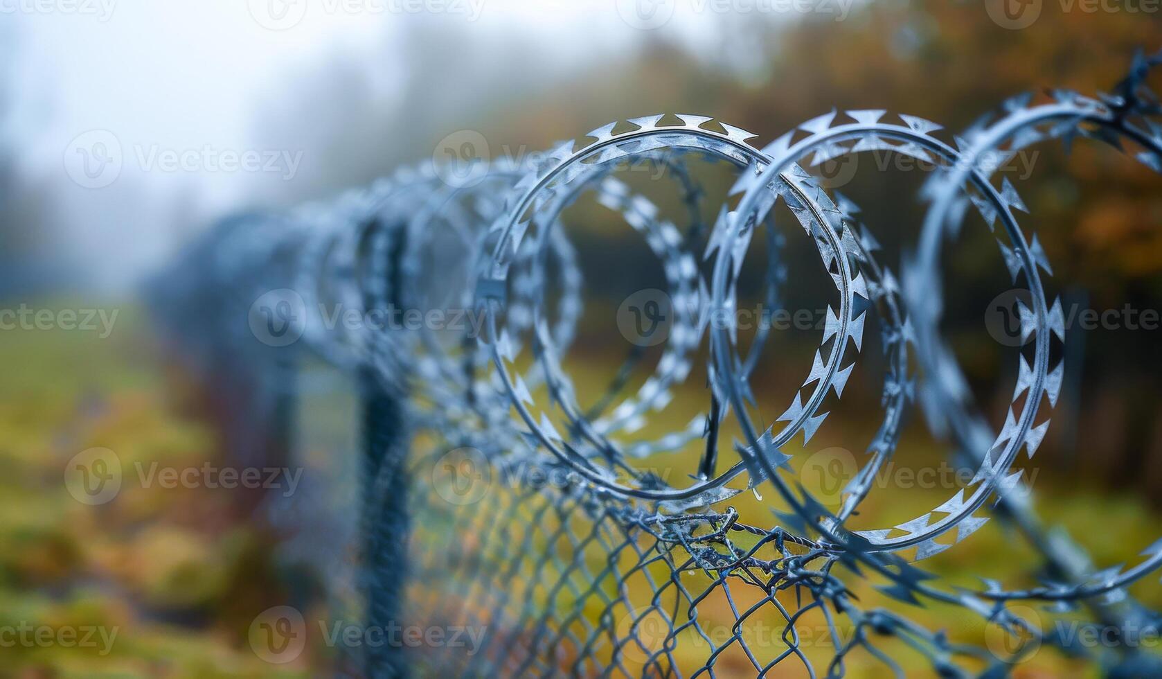 A fence with barbed wire on it. The wire is twisted and bent, and it is surrounded by a chain link fence photo