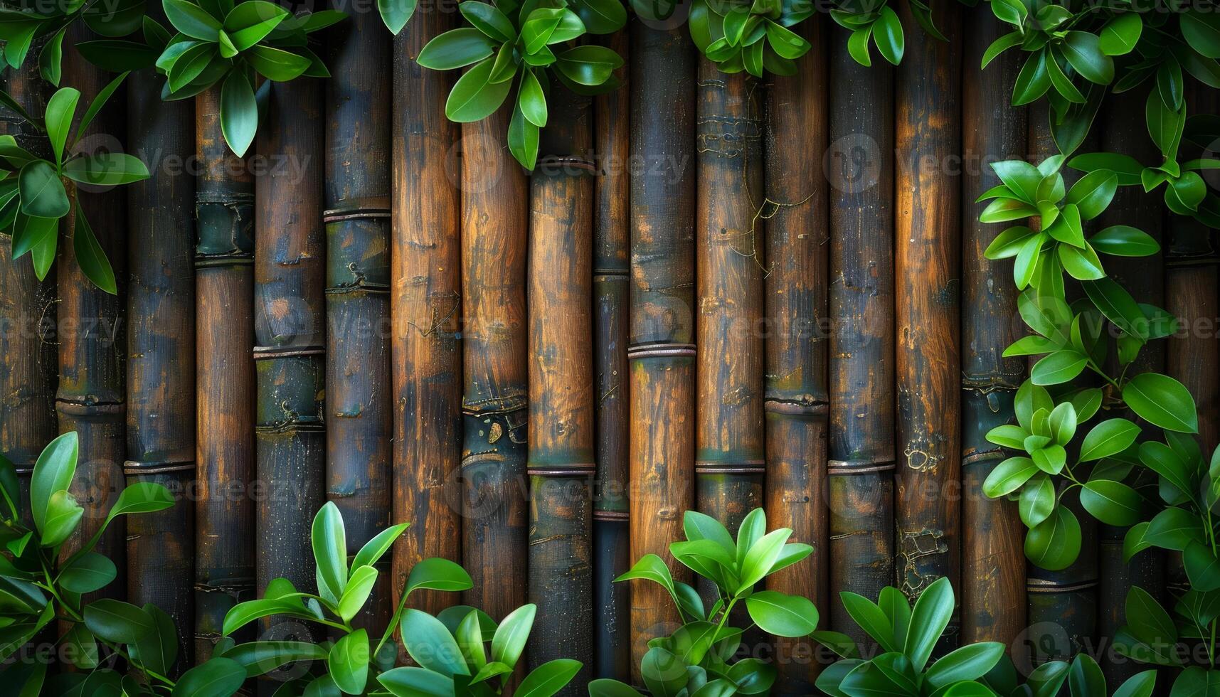 A wooden fence with green leaves growing on it. The fence is made of bamboo and has a natural, rustic feel to it. The leaves on the fence are lush and vibrant, adding a touch of greenery to the scene photo