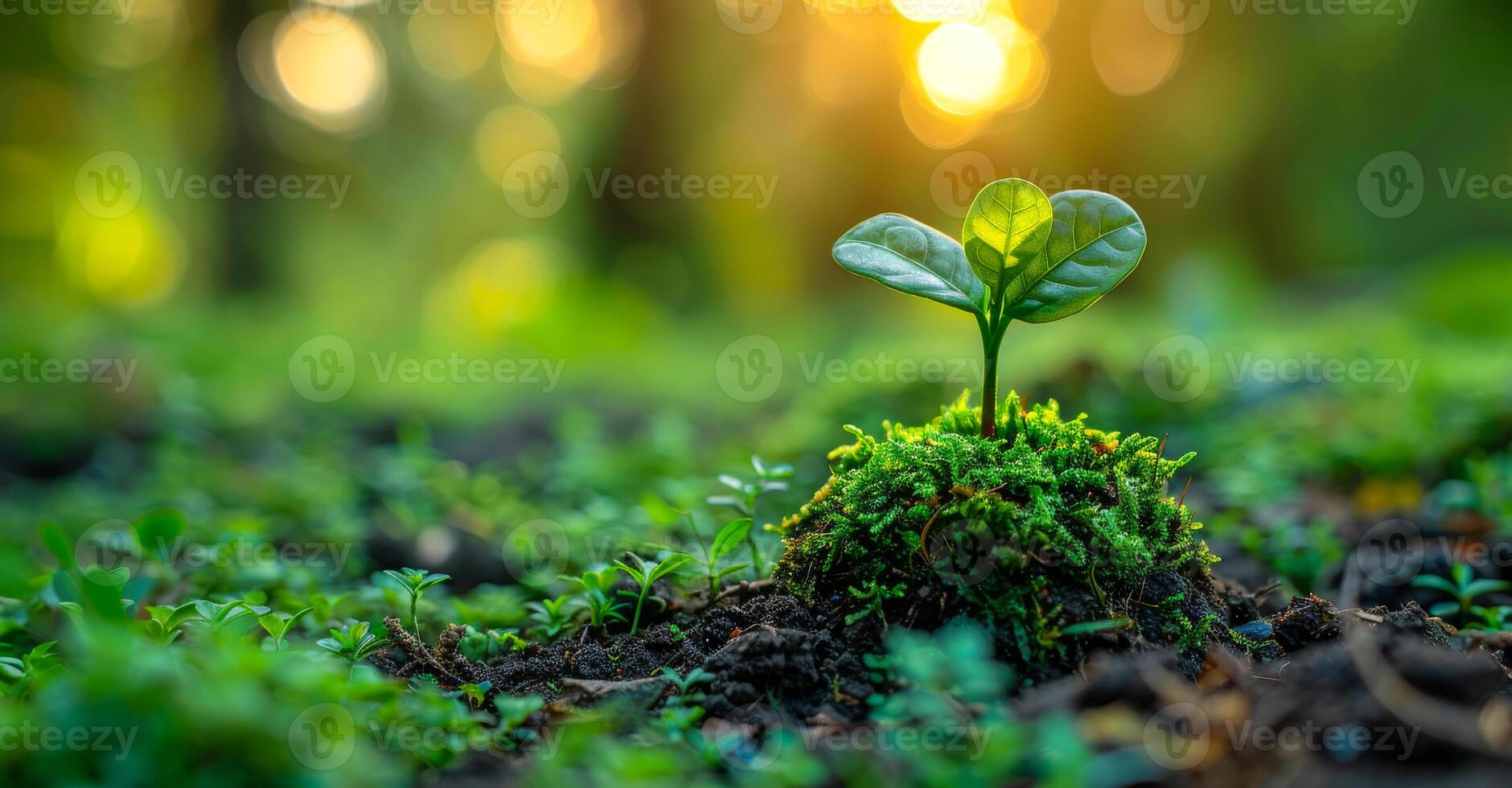 A small plant is growing in the dirt. The plant is surrounded by green grass and is growing in a patch of dirt photo