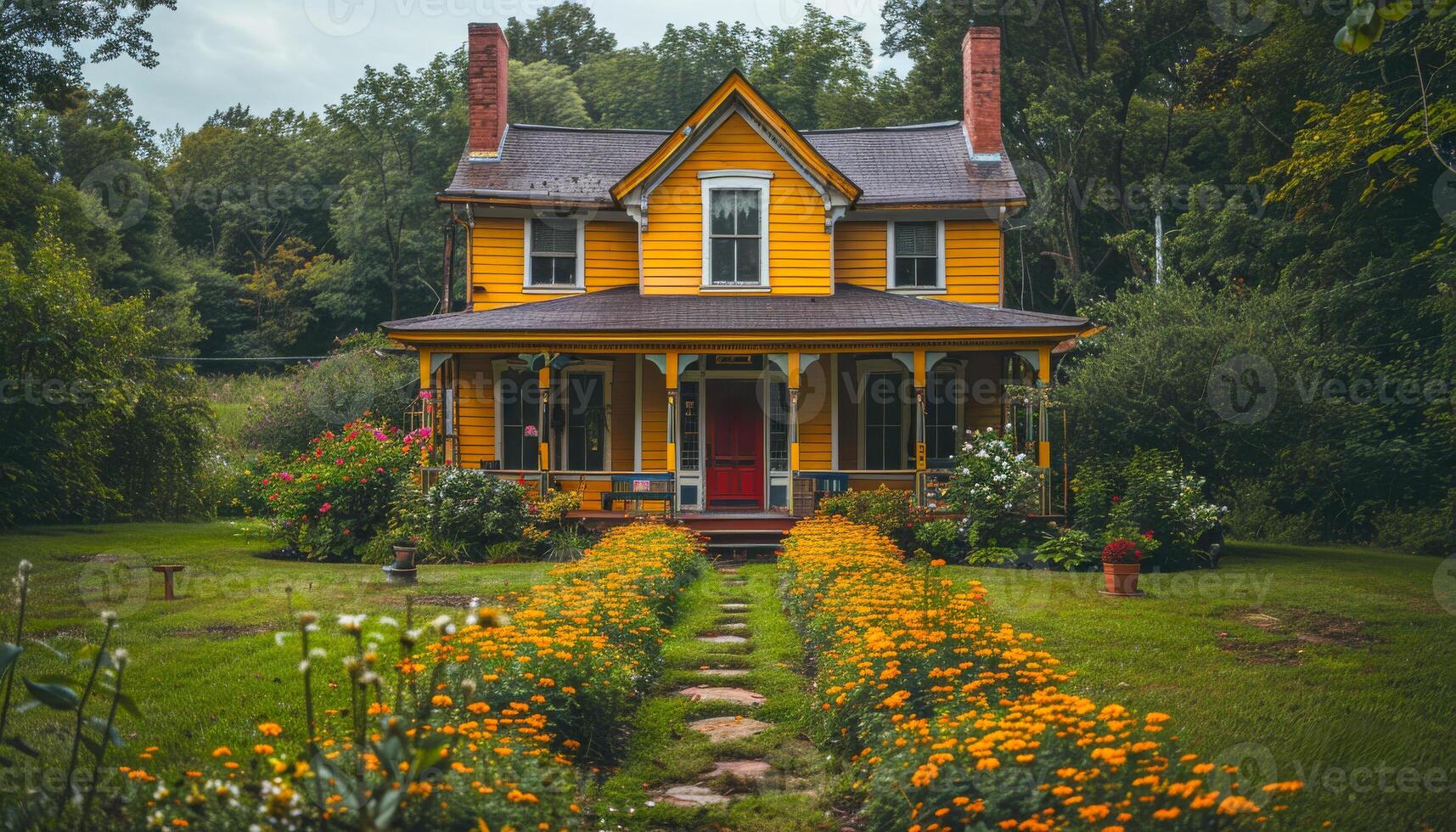 A yellow house with a red door sits in front of a garden of flowers. The house is surrounded by a path of flowers, and there are several potted plants in the yard. Scene is peaceful and inviting photo