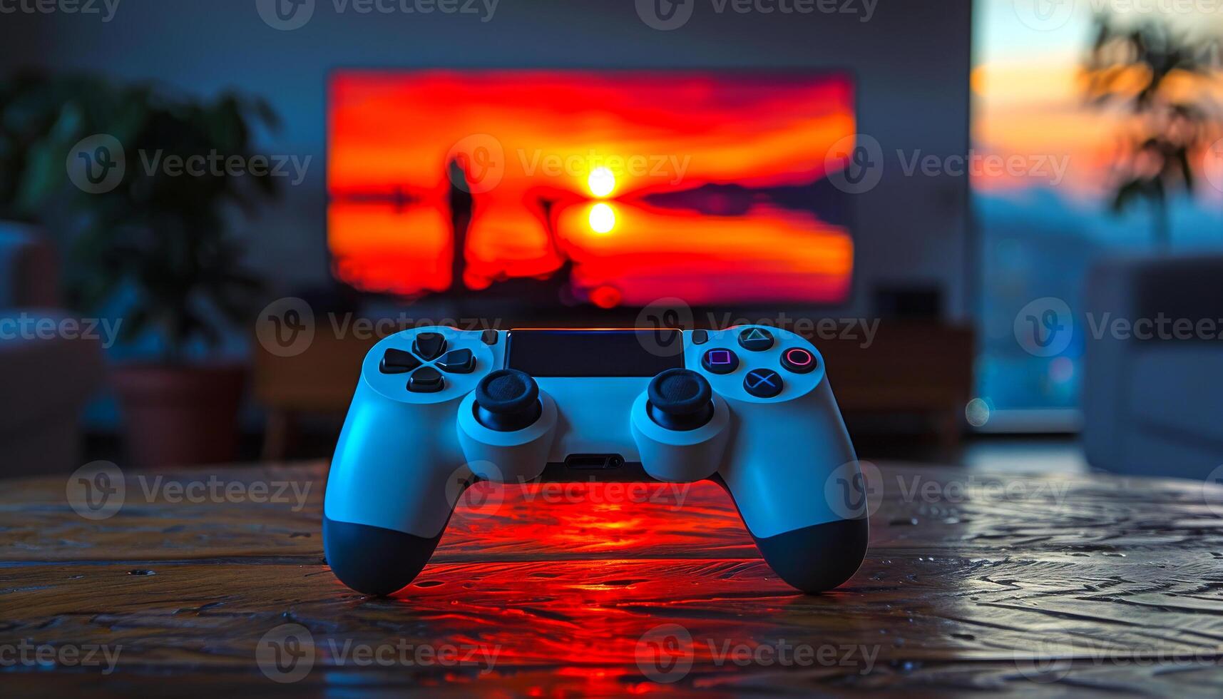 A white controller is sitting on a wooden table in front of a television. The television is displaying a sunset, creating a warm and relaxing atmosphere photo