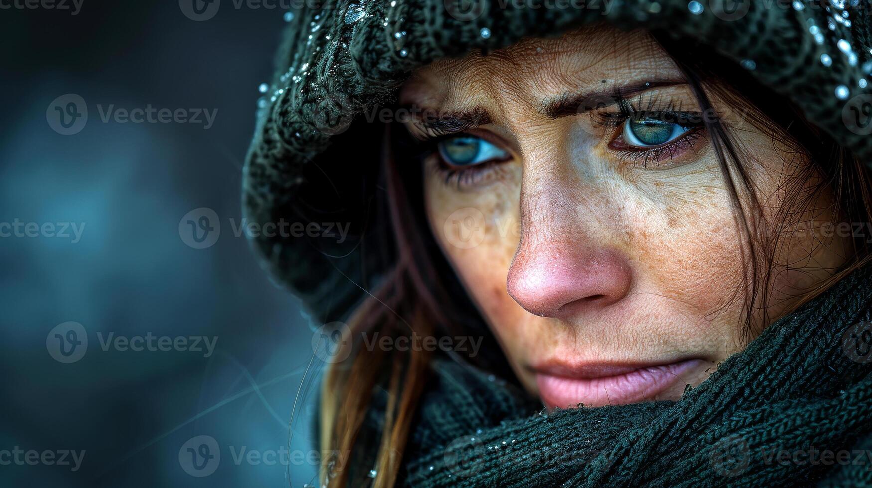 A woman with a green hat and scarf is looking down with a sad expression. Concept of loneliness and melancholy photo