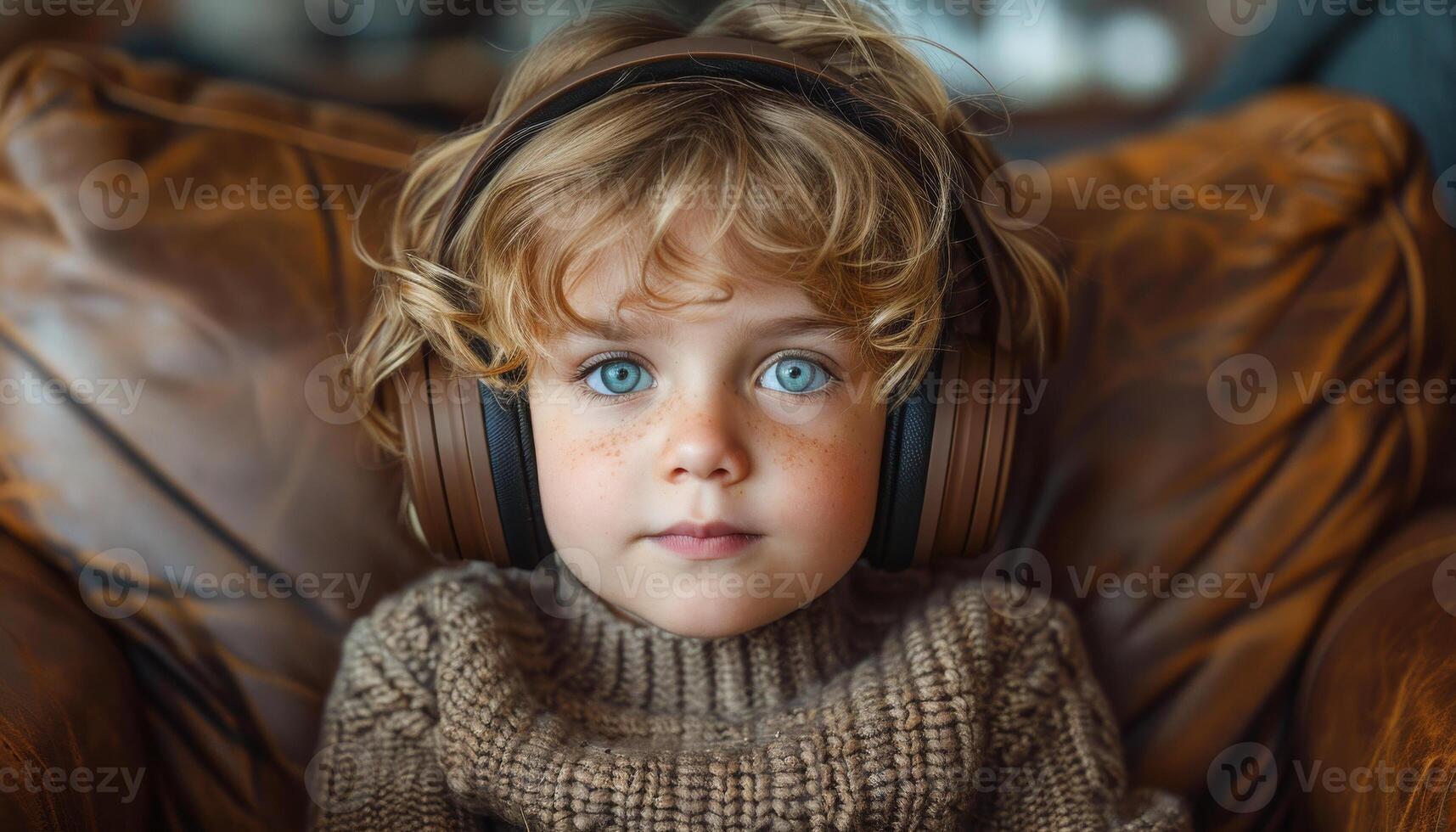 A young child wearing headphones and a sweater sits on a couch. The child has blue eyes and a smile on their face photo