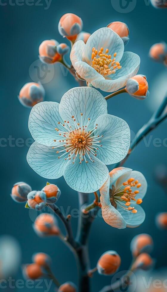 A close up of a flower with a blue background. The flower is surrounded by orange and white flowers. The image has a serene and calming mood photo