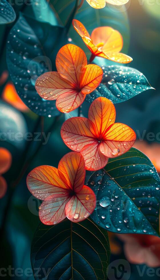 A close up of a flower with water droplets on it. The flower is orange and surrounded by green leaves. Concept of freshness and beauty, as the water droplets add a touch of life to the flower photo