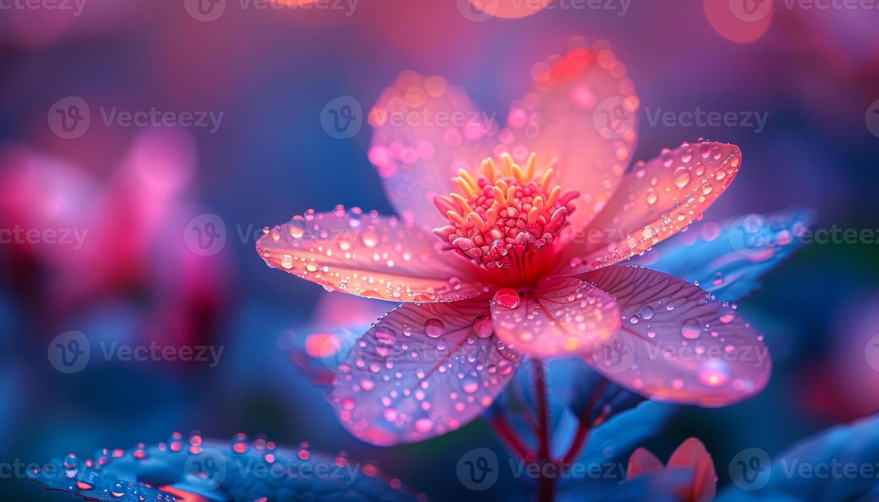 A flower with dew drops on it is the main focus of the image. The flower is pink and surrounded by green leaves photo