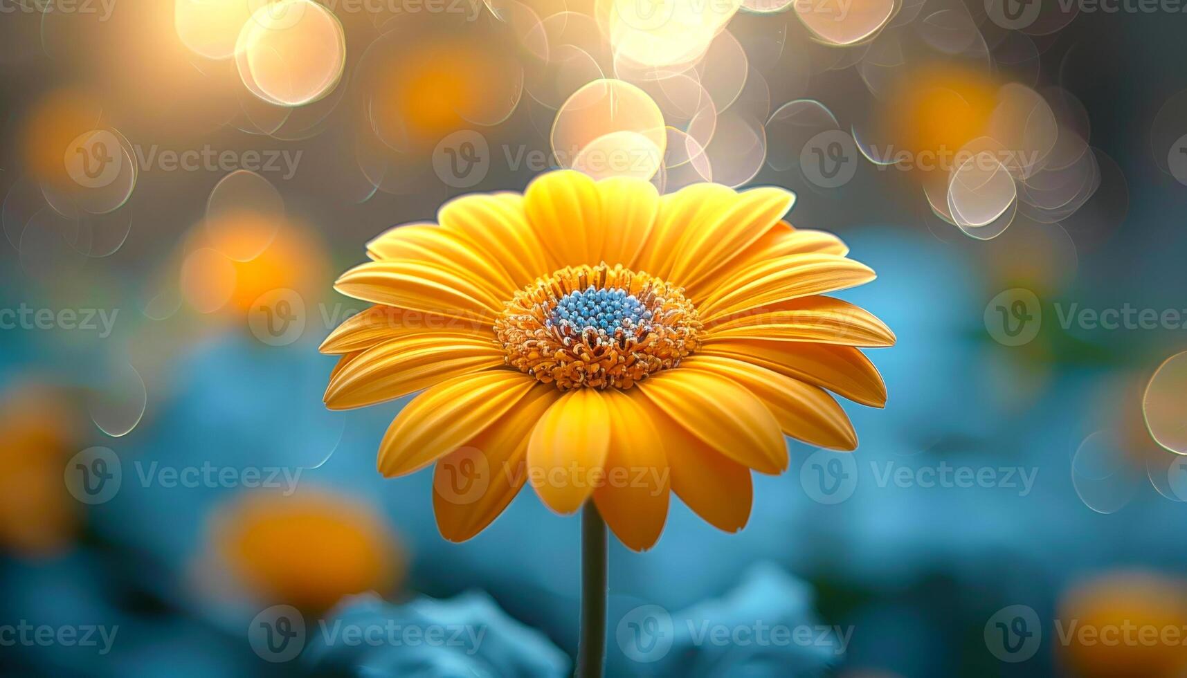 A close up of a yellow flower with a blue background. The flower is the main focus of the image and it is the most vibrant and beautiful part of the scene. The blue background adds a sense of calmness photo