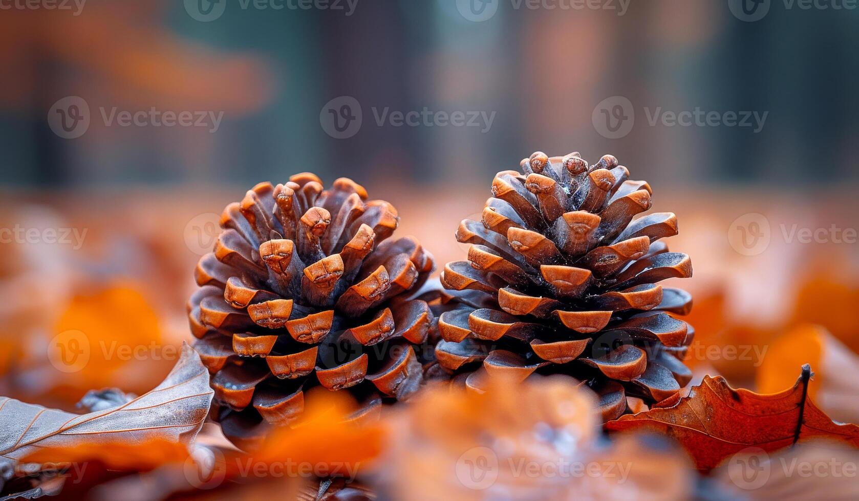 Two pine cones are on the ground, surrounded by orange leaves. The pine cones are brown and appear to be fresh. The image has a warm and natural feel, with the pine cones photo