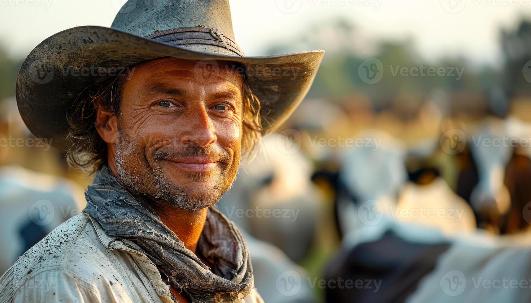A man in a cowboy hat is smiling at the camera. He is surrounded by cows, some of which are black and white photo