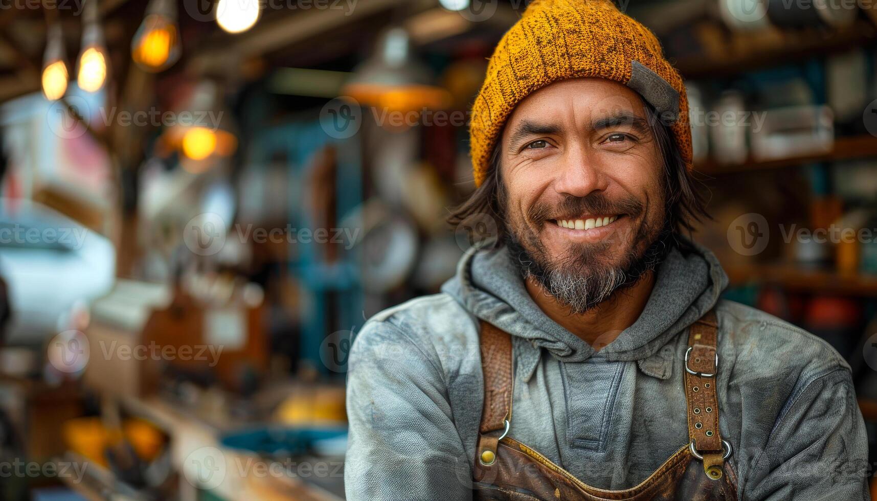 A man wearing a yellow hat and a gray hoodie is smiling. He is standing in front of a store with a car parked in the background photo