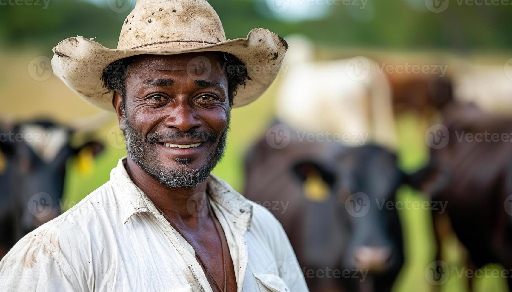 A man wearing a cowboy hat and a white shirt is smiling at the camera. He is surrounded by cows, some of which are black and some are white. The scene has a rural, country feel to it photo