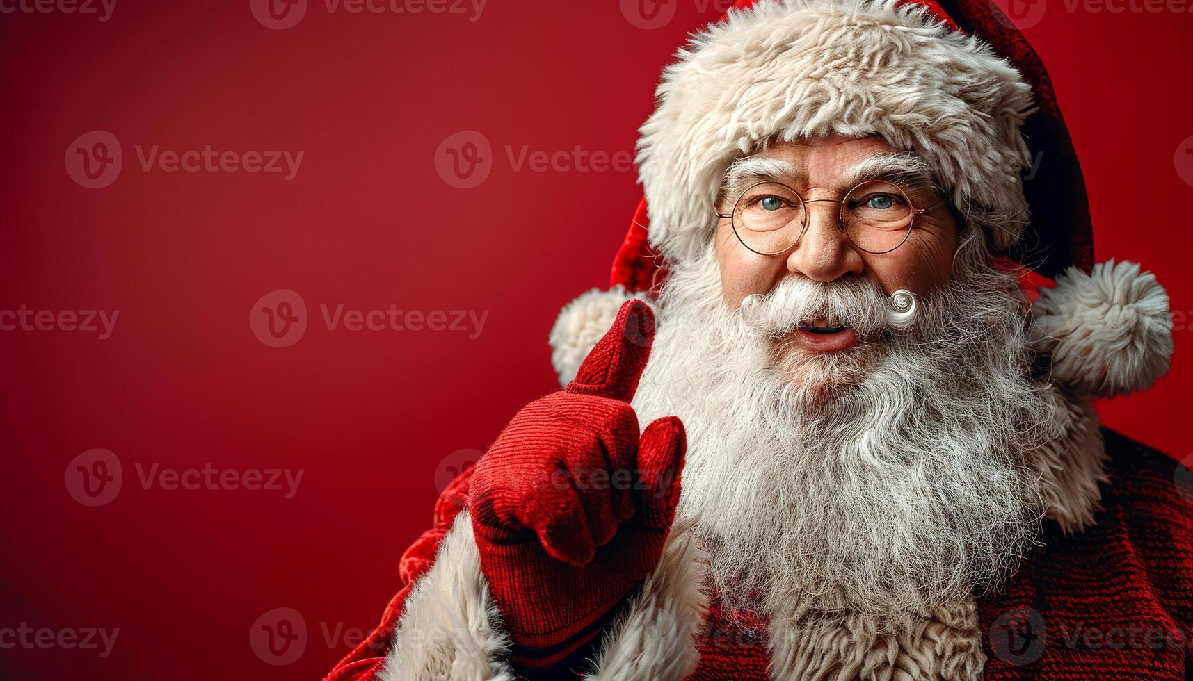 A man dressed as Santa Claus is pointing to something on a red background. He is wearing a red hat, a red vest, and a red coat photo