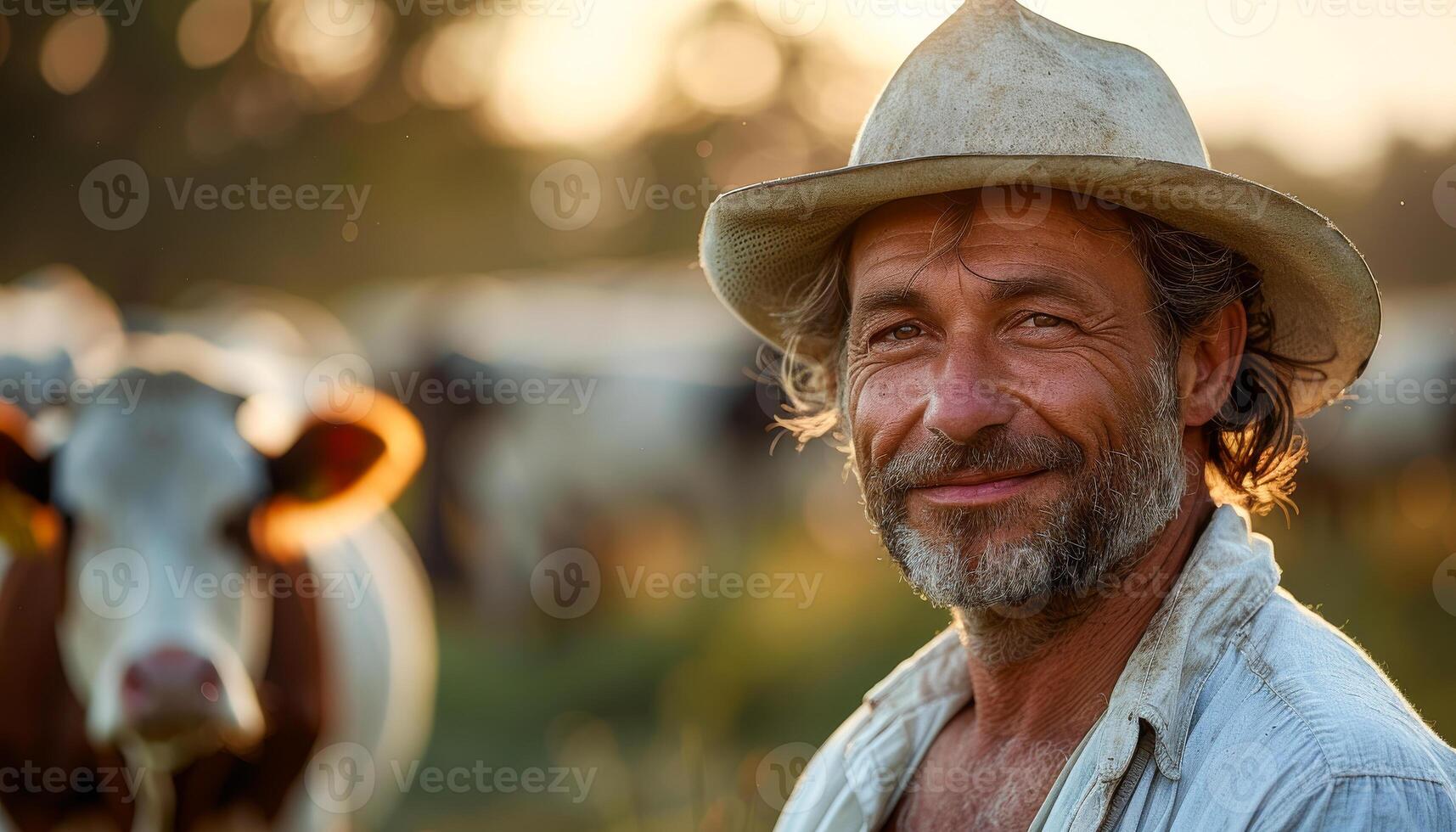 A man wearing a straw hat is smiling at the camera. He is standing in front of a cow photo