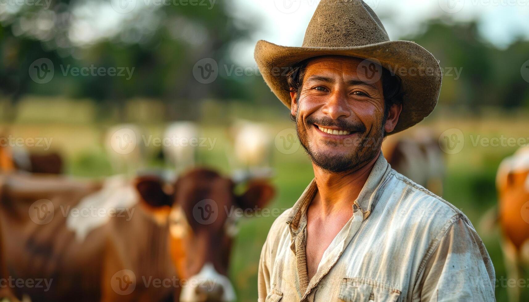 A man wearing a cowboy hat is smiling at the camera in front of a herd of cows. Concept of happiness and contentment, as the man is enjoying his time in the countryside photo