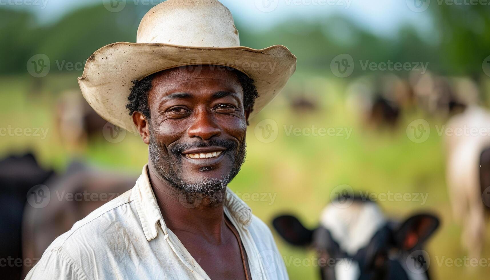A man wearing a cowboy hat and smiling in front of a herd of cows. The cows are scattered around the field, with some closer to the man and others further away. Concept of rural life photo