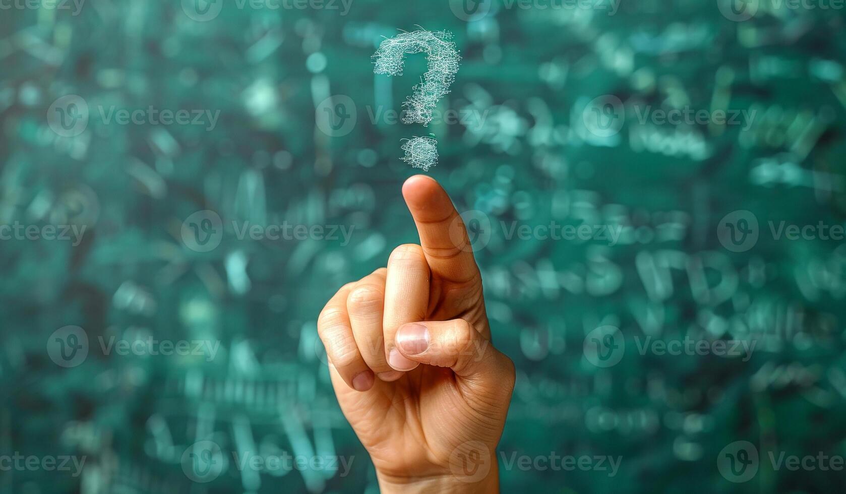 A hand pointing at a chalkboard with a question mark. The chalkboard has a lot of numbers and equations on it photo