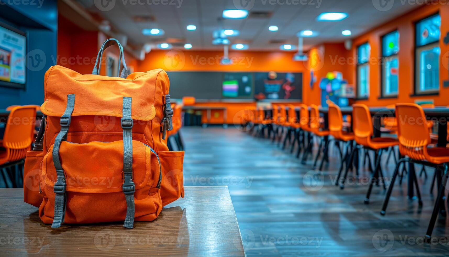 A large orange backpack sits on a table in a classroom. The room is filled with orange chairs and tables, and there are several other backpacks scattered around the room photo