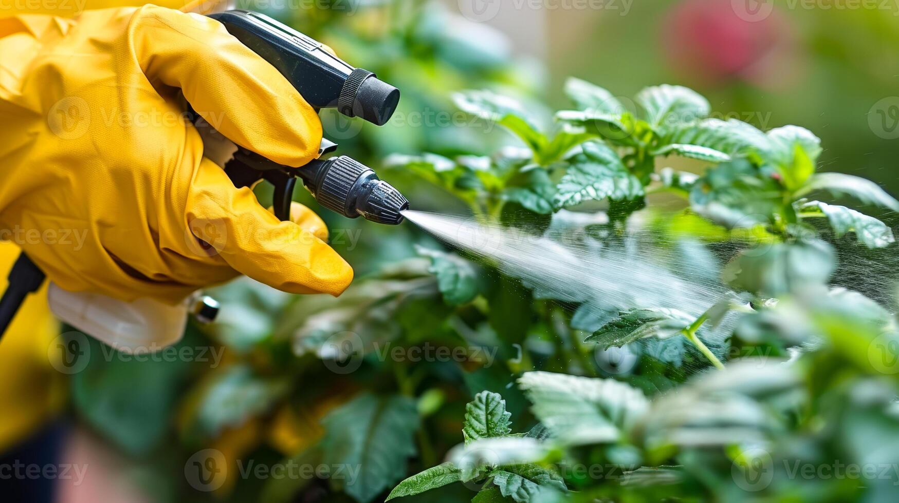 A person is spraying a plant with a spray bottle. The plant is green and has leaves. The person is wearing yellow gloves photo