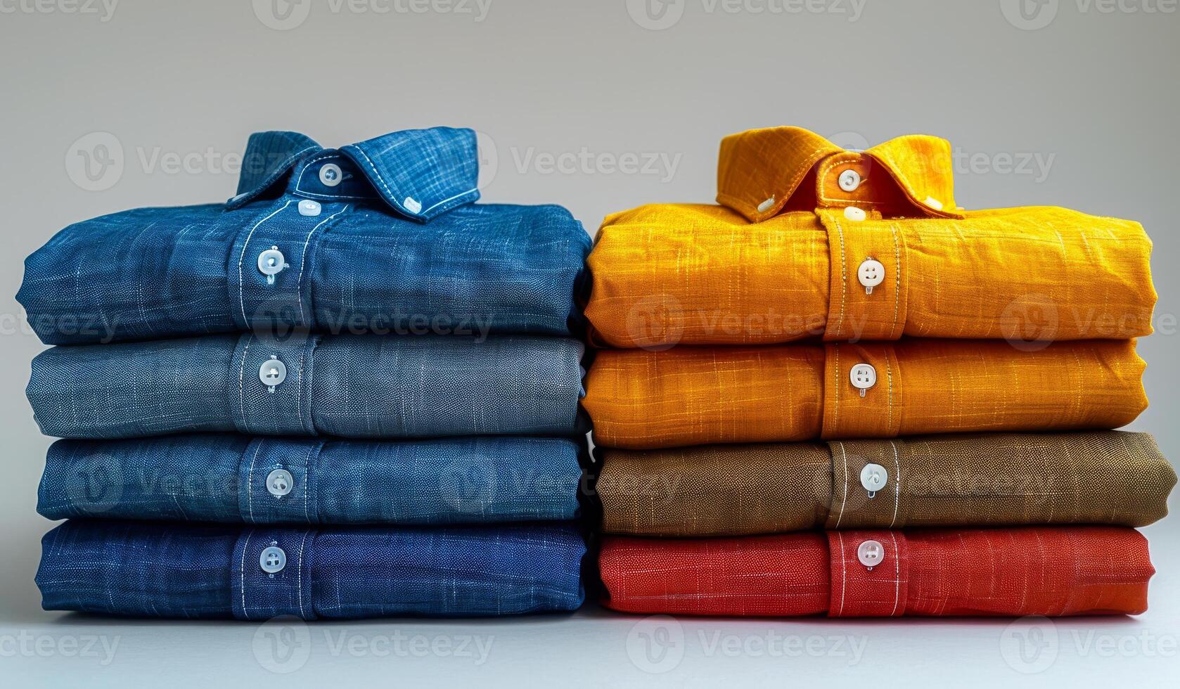 A stack of shirts with one being blue and the other being yellow. The shirts are piled on top of each other photo