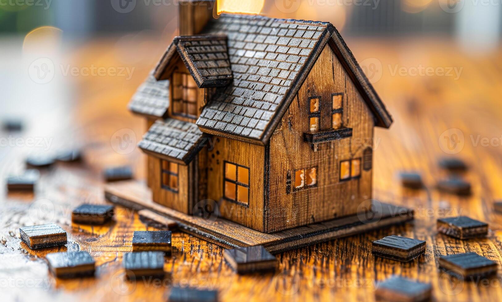 A wooden house with a chimney sits on a table with a pile of wooden blocks around it photo