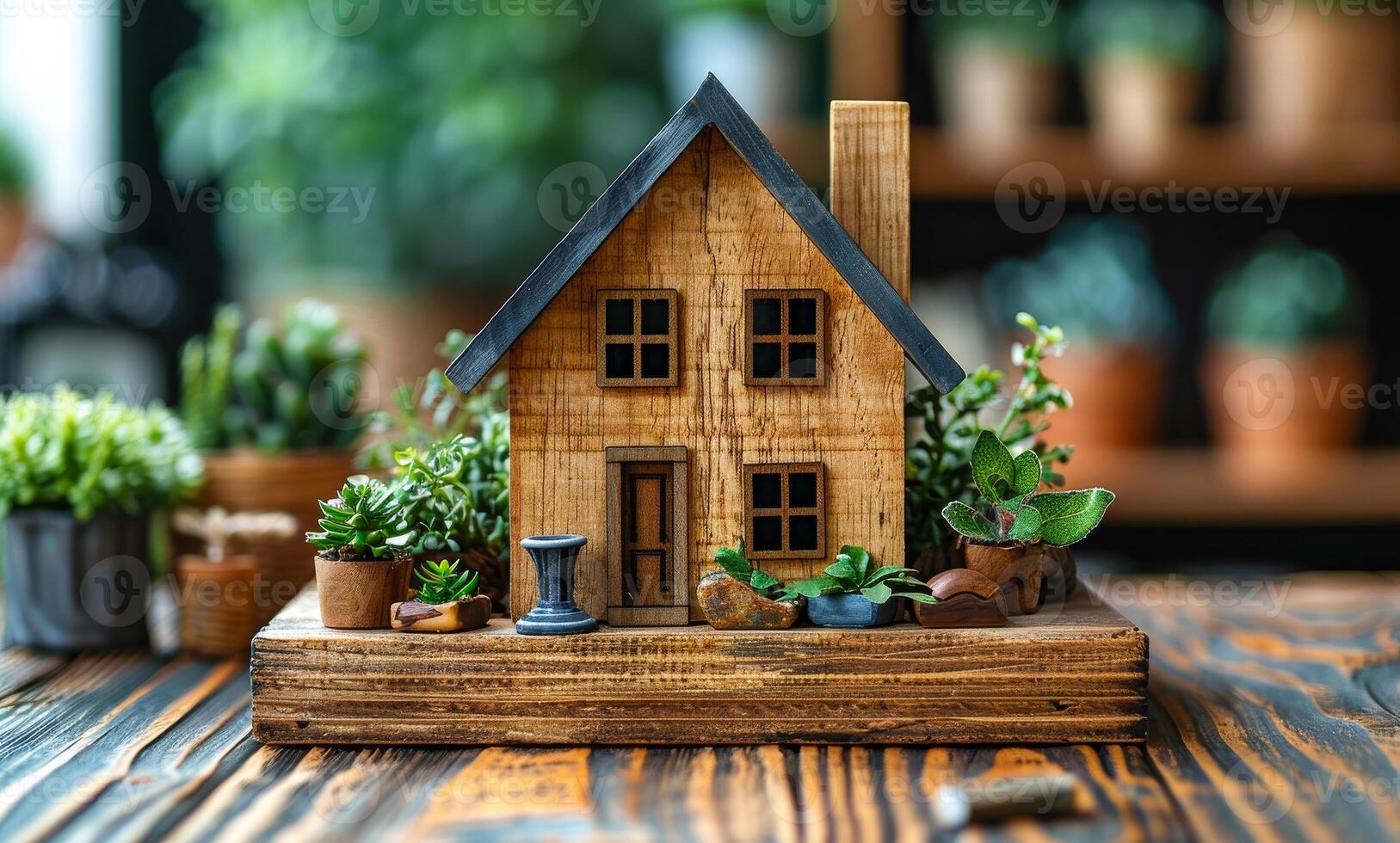 A wooden house with a black roof and a chimney. The house is surrounded by potted plants and has a small garden photo