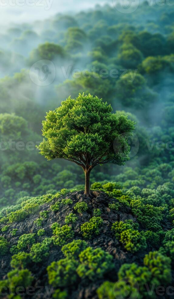 A small tree is growing on a hillside in a lush green forest. The tree is surrounded by a variety of other trees and plants, creating a serene and peaceful atmosphere photo