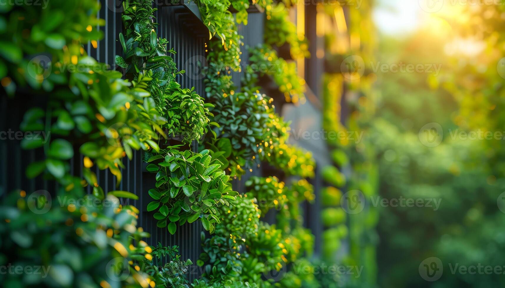A lush green hedge with many plants growing on it. The plants are in pots and are arranged in a way that they look like they are growing out of the fence. The sunlight is shining on the plants photo
