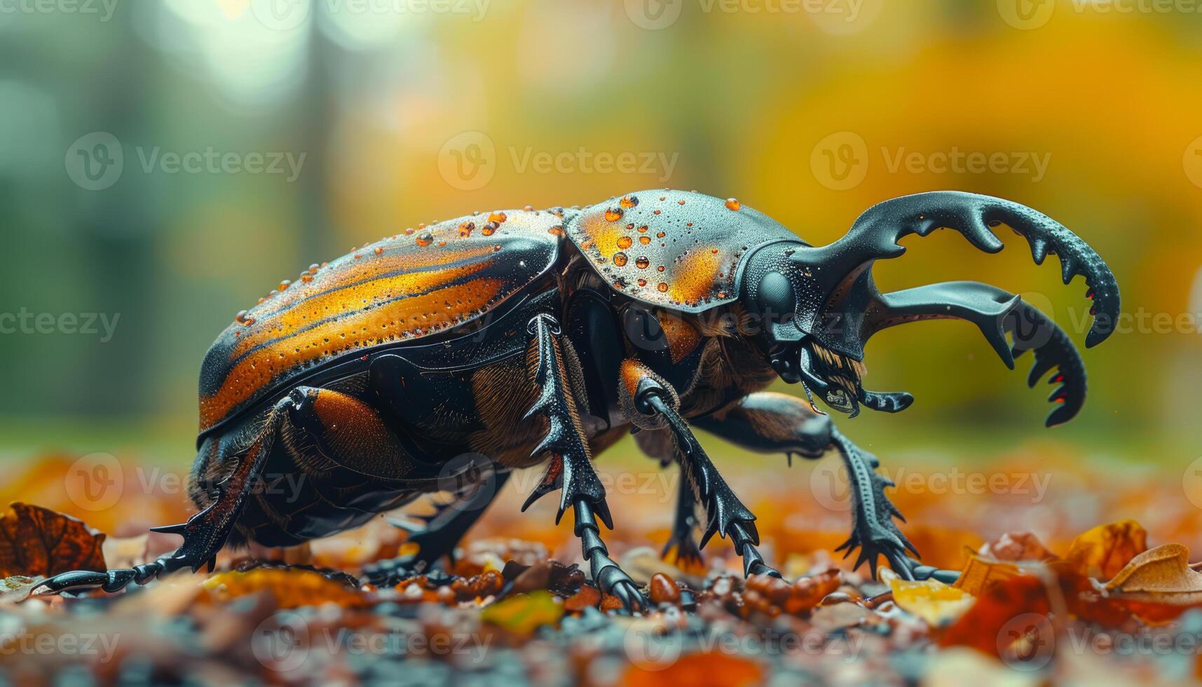 A large beetle with a shiny, metallic appearance is standing on a pile of leaves. The beetle's shiny appearance and the autumn leaves create a sense of contrast and intrigue photo