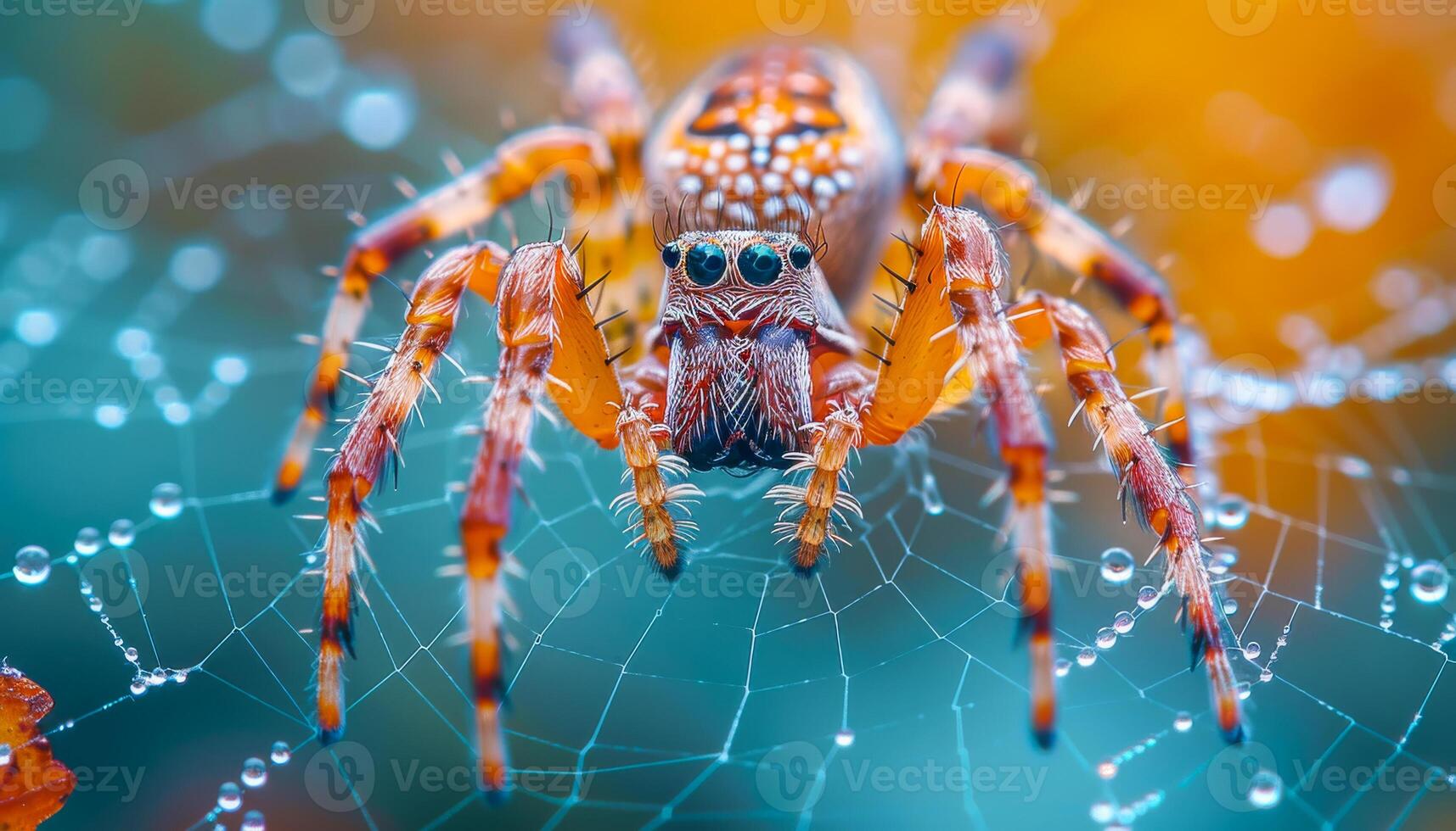 A spider is standing on a web with water droplets on it. The spider is brown and white with black eyes photo
