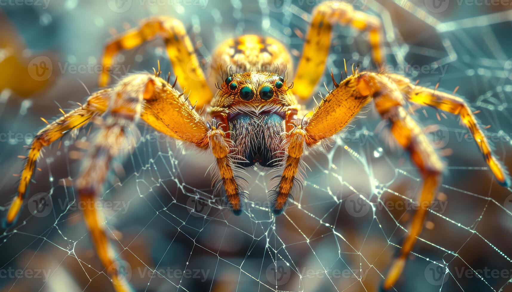 A spider is on a web and is looking at the camera. The spider is yellow and brown photo