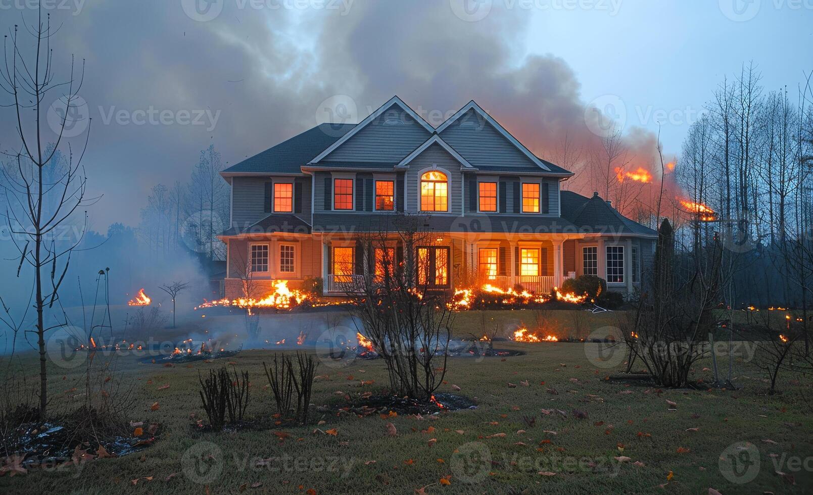 A house is on fire and the flames are reaching the windows. The house is surrounded by trees and bushes photo