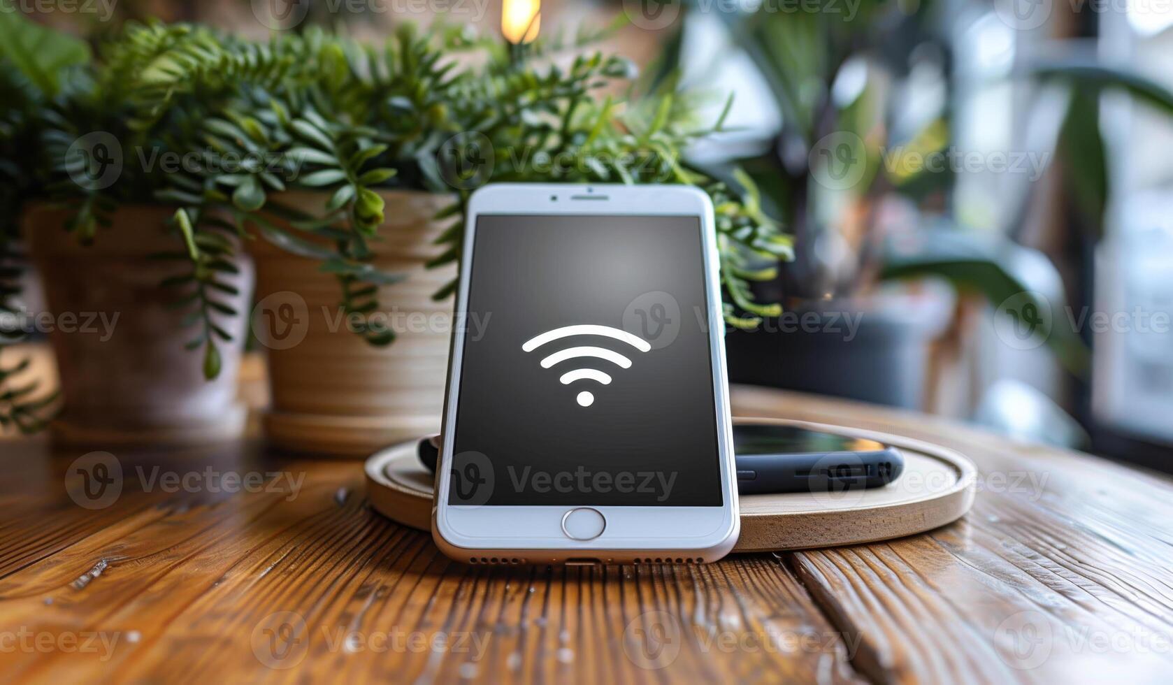 A white phone with a wifi symbol on it is sitting on a wooden table. The table is surrounded by potted plants, giving the scene a cozy and natural atmosphere photo