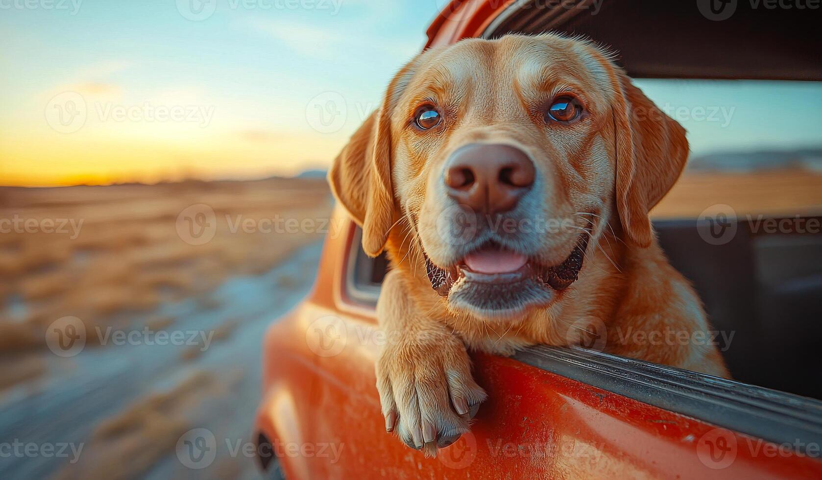 A dog is sitting in the back of a car with its head out the window. The dog is smiling and he is enjoying the ride photo