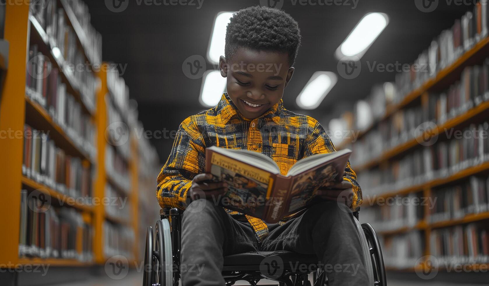 A young boy in a wheelchair is reading a book in a library. He is smiling and he is enjoying himself photo