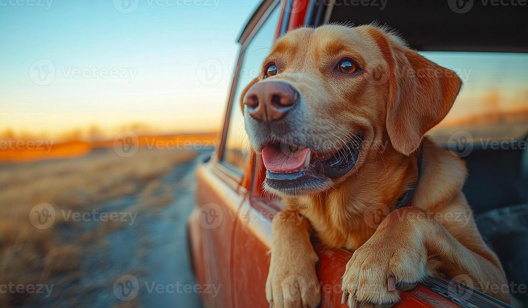 A dog is sitting in a car window, looking out at the world. The scene is peaceful and serene, with the dog enjoying the view and the company of its owner photo