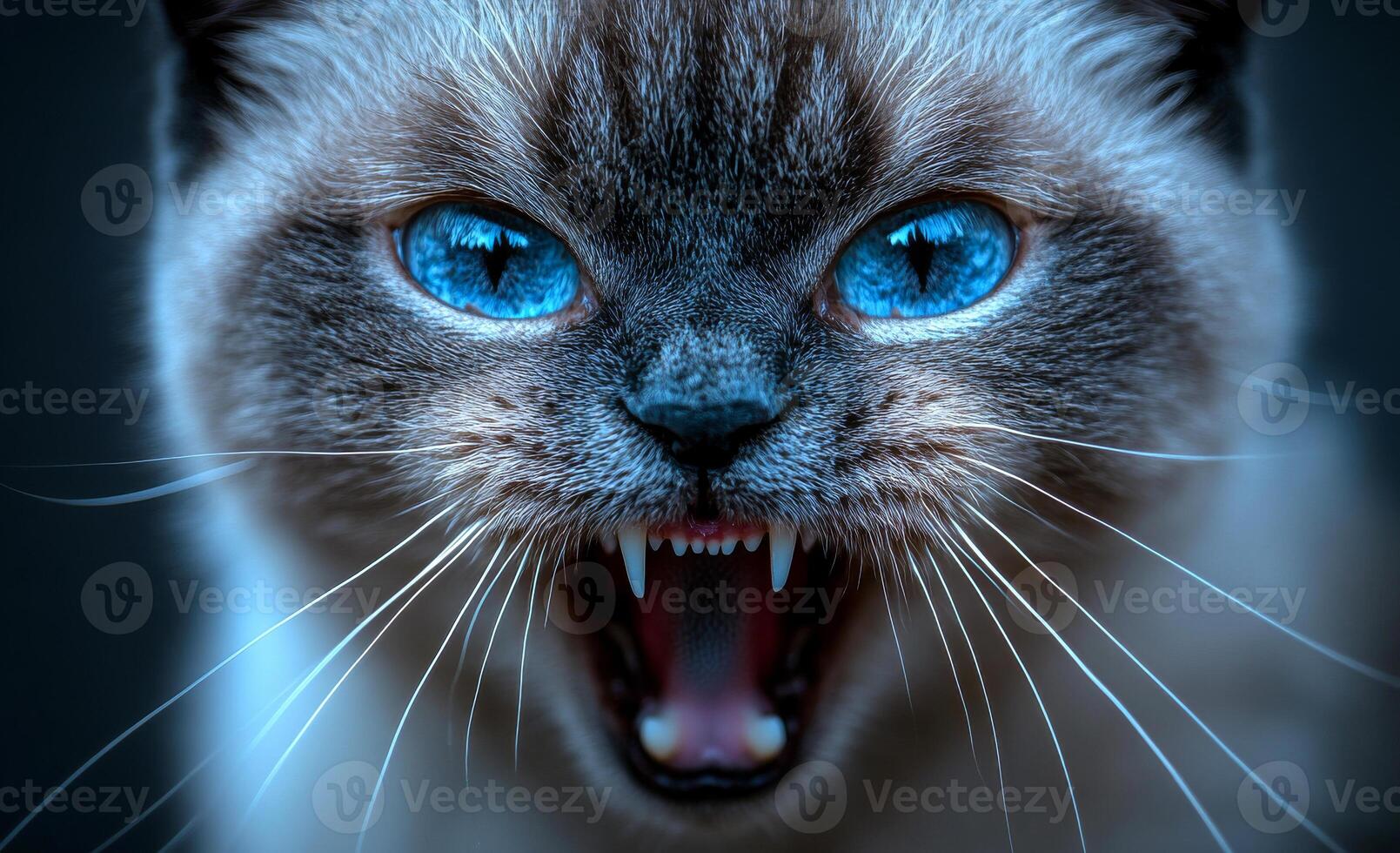 A cat with blue eyes and a mouth open wide. The cat's mouth is full of teeth, and its eyes are wide open, giving the impression of fear or aggression photo